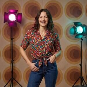 Vintage 70s Disco Button Down Shirt Art Deco Satin Cropped Women 6 Art to Wear